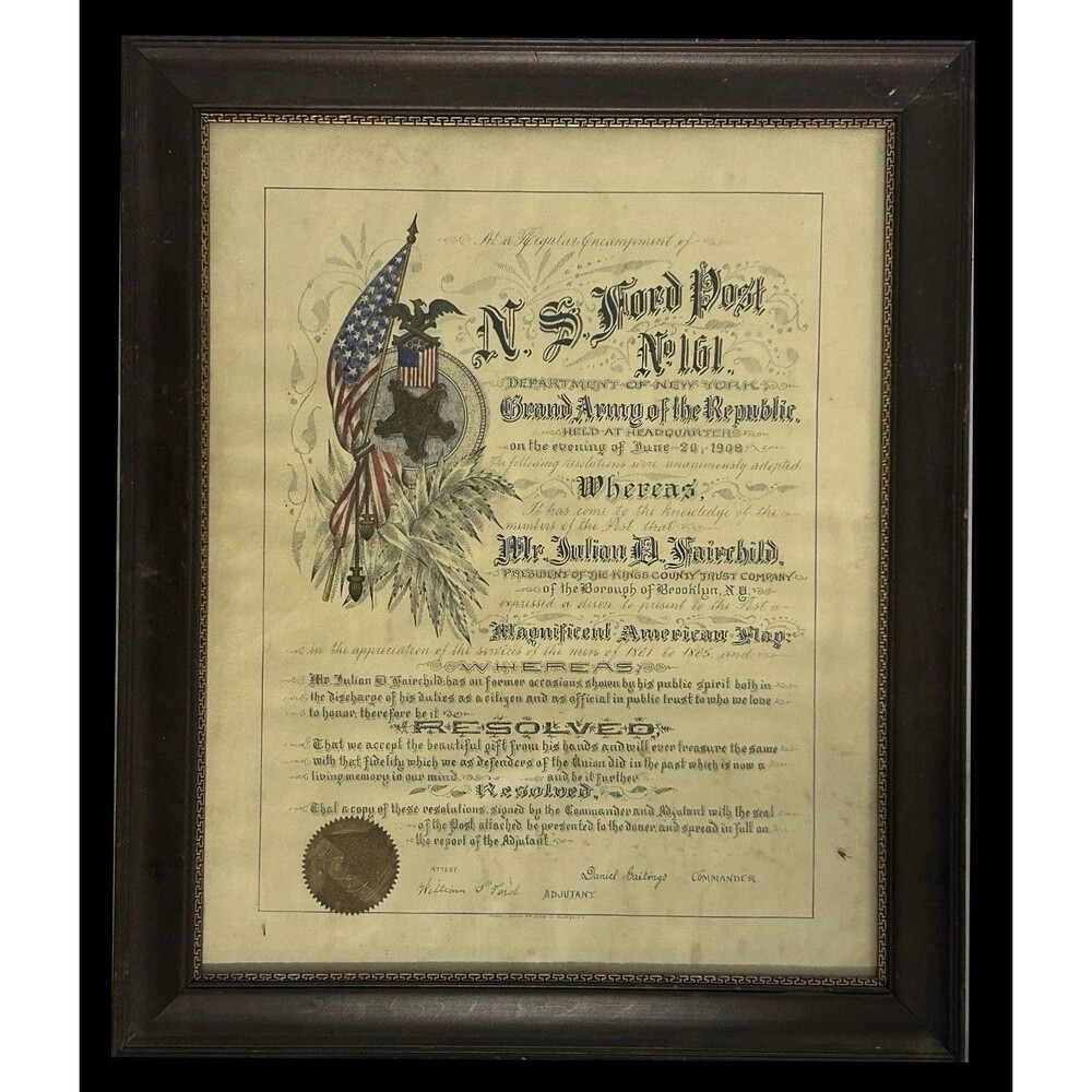 1903 Grand Army of the Republic GAR Certificate Patriotic  Framed Brooklyn NY